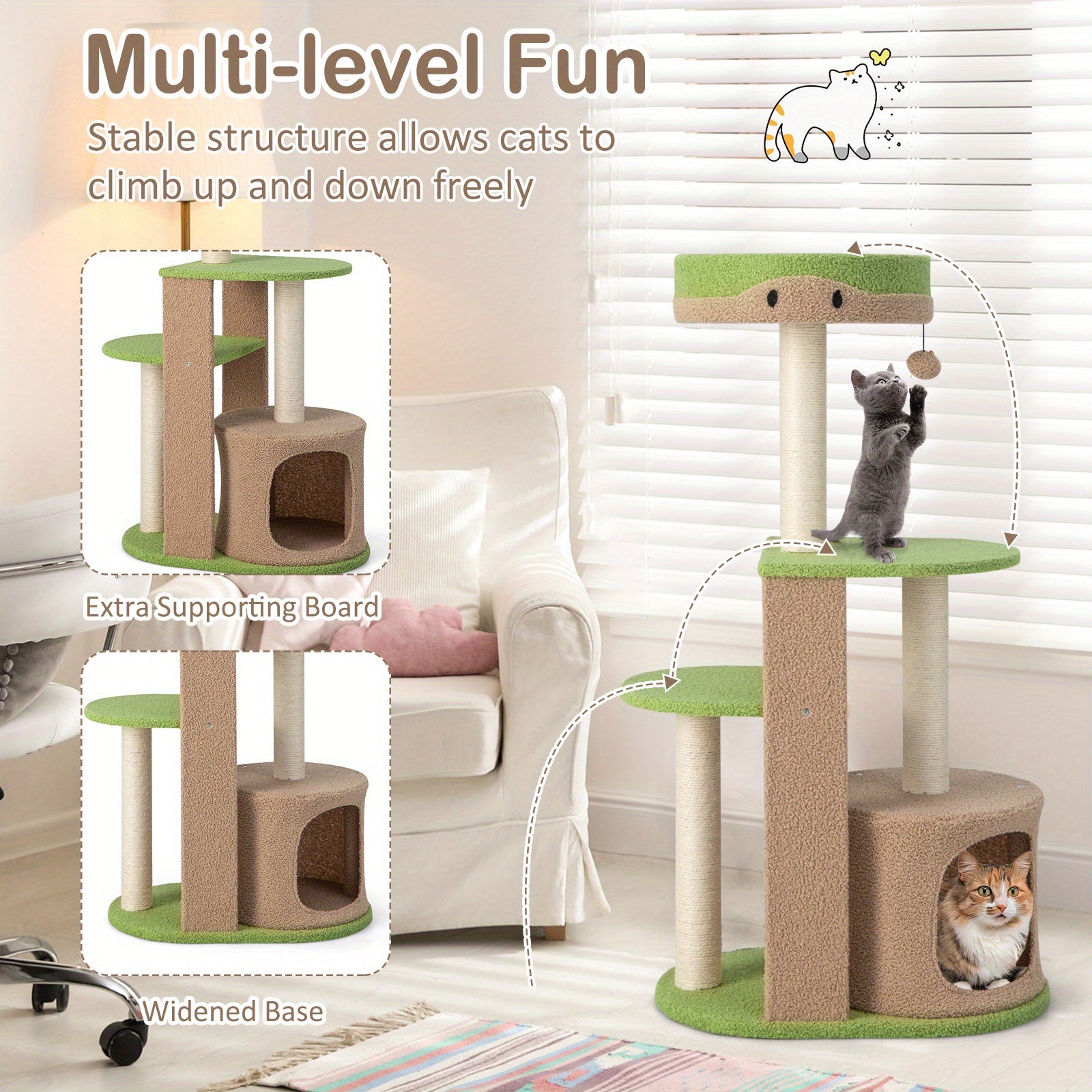 Kratzbaum 5-stöckig, Katzenbaum mit Sitzfläche & Ball & Katzenhöhle & Sisalstämme